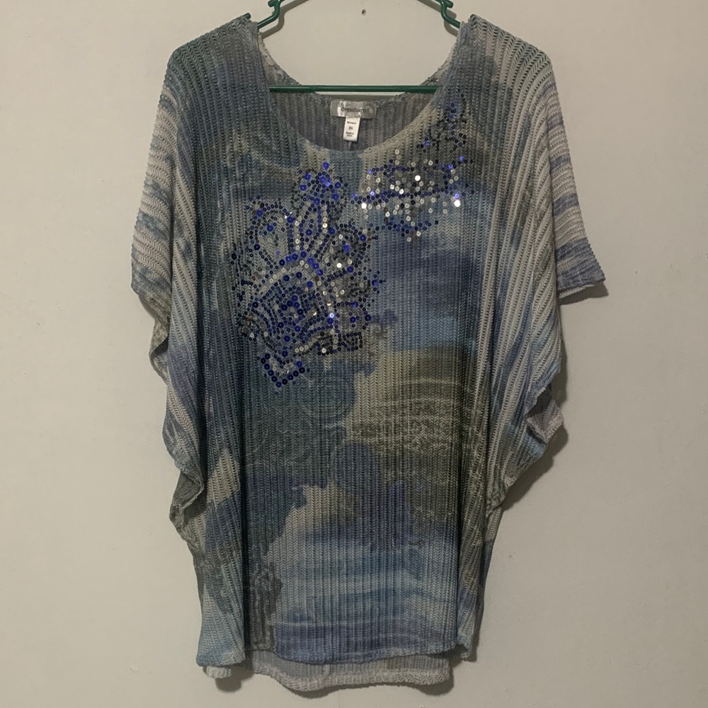 dressbarn Blue and Gray Sequin Ponch Style Blouse